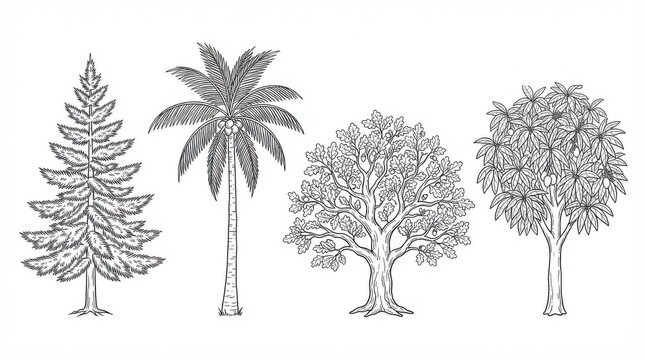 Collection of Different Trees Including Pine, Palm, Oak and Tropical Trees &ndash; Black and White Vector Line Art