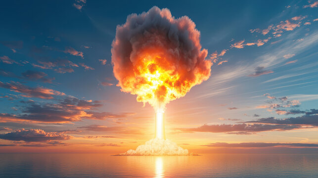 Dramatic explosion occurs over ocean, showcasing large mushroom cloud against vibrant sunset sky. scene evokes sense of awe and fear