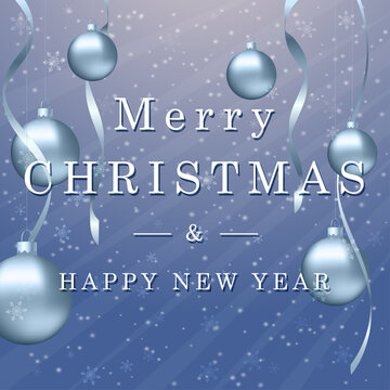 Elegant blue Christmas and New Year background with silver ornaments, snowflakes, ribbons and falling snow. Festive greeting card design with Merry Christmas and Happy New Year text.