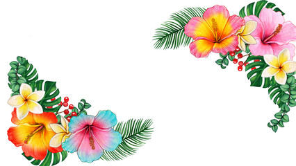Tropical watercolor hibiscus floral corners, exotic summer border with monstera leaves and plumeria, vibrant botanical frame for wedding invitations © Fariha