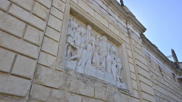 Bologna Pincio Staircase architectural details and historic reliefs at Montagnola Park, Emilia-Romagna, Italy
