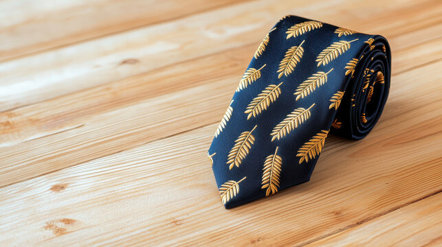 Elegant tie with unique gold leaf pattern on dark background, perfect for formal occasions or business attire