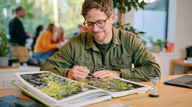 A woodcarver in a minimalist studio cross references two botanical reference books, a small sand timer counting down beside the open pages, a multicultural community gathering visible through the fr