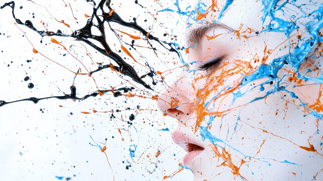 Colorful splashes of paint create expressive and dynamic portrait, showcasing vibrant blue, orange, and black hues against serene face