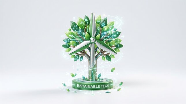 Tree with wind turbine and digital leaves symbolizing sustainable technology and green energy innovation