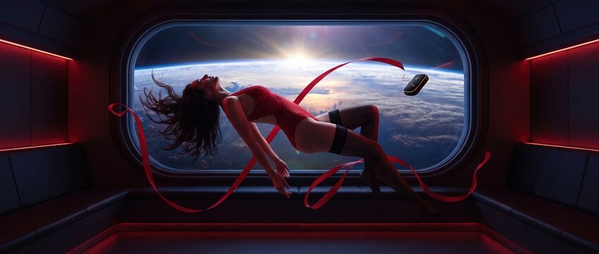 Valentine banner with woman in red lace floating weightless in a red-lit space cabin, wide panorama over Earth
