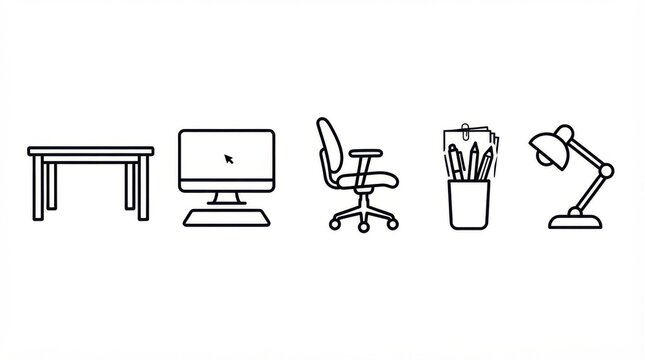 Professional Office Desk Setup with Computer, Chair, Documents, Pen Holder and Desk Lamp, Black and White Vector