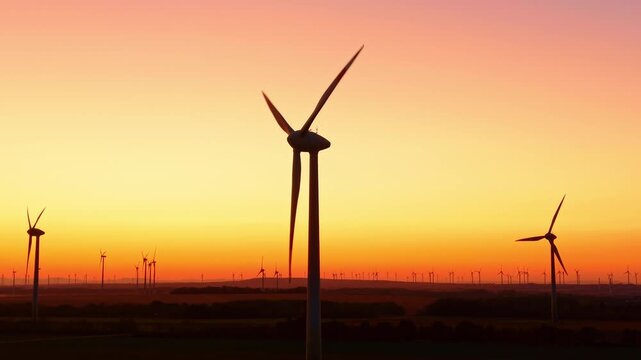 Wind turbine silhouette, frontal rotor view above fields at sunset. Three blades spread above a dark tower, with distant turbines beneath a yellow and orange sky.