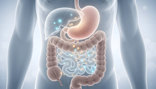Medical 3D visualization of the stomach and intestines highlighting nutrient absorption.