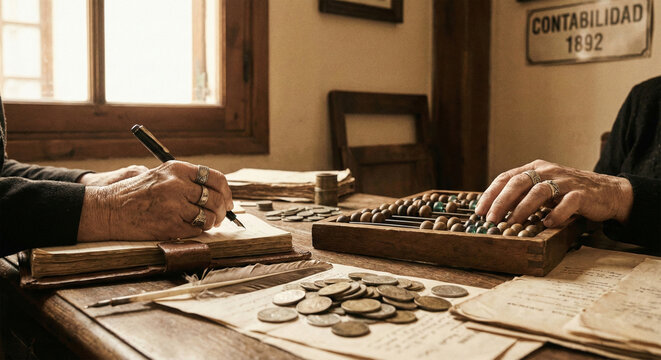 Close up of accountant hands working with vintage abacus coins