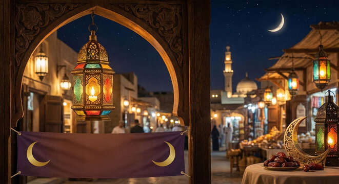 Night oriental market with traditional lanterns and banner for Ramadan