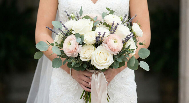 Elegant wedding bouquet of white roses gentle ranunculus and lavender