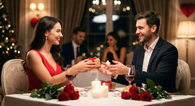 Loving couple celebrating Valentine's Day with romantic dinner in restaurant