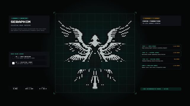 Futuristic Digital Interface Displaying Seraphim Angel Wing Symbol.