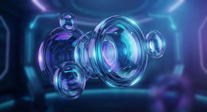 Digital visualization of optical elements hovering in space with blue and purple backlight in cyberpunk style.