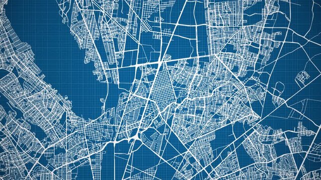 Ink reveal animation of San Nicol&aacute;s de los Garza city, Nuevo Le&oacute;n, Mexico (M&eacute;xico) grid map. Aerial top view. Blueprint style. White lines with blue background. 4K Seamless loop.