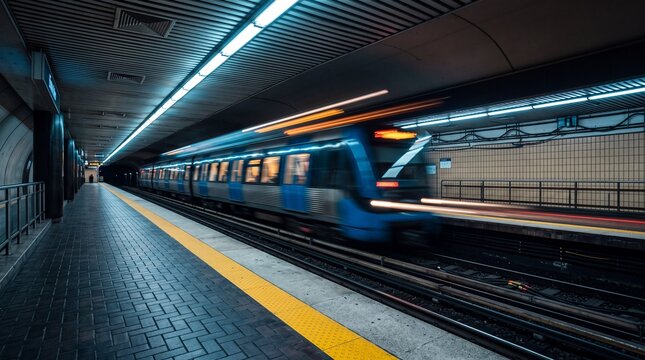 Modern subway train with motion blur speeding past an underground metro station platform, representing rapid public transit, daily city commuting and modern urban infrastructure.