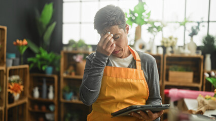 Woman florist, young with short hair, wearing orange apron, holds tablet and rubs forehead while surrounded by plants and vases in studio  stress work pressure. © Krakenimages.com
