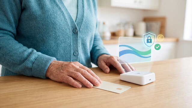Senior contactless card payment security concept, elderly retiree with chip card and card reader at home for safe digital banking, euro transaction approval and fraud protection