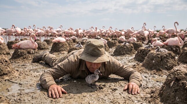 Caucasian male ornithologist lying in mud closely observing a fluffy grey flamingo chick among a large colony of nesting adult Greater Flamingos on raised mud nests in a wetland