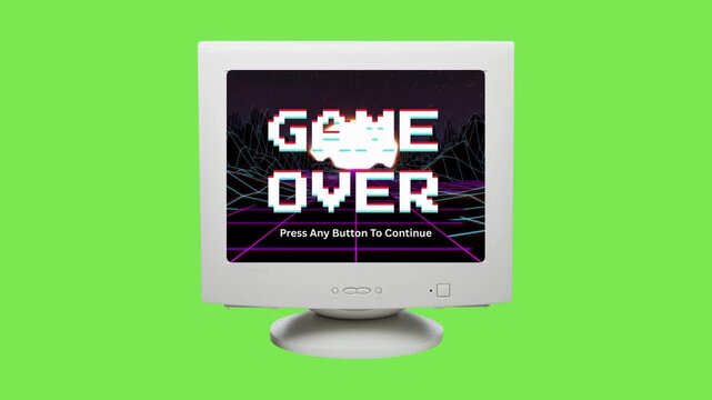 A nostalgic retro pixel art 'Game Over' message displayed on a classic vintage computer screen, evoking 80s and 90s arcade gaming culture with a vibrant digital aesthetic
