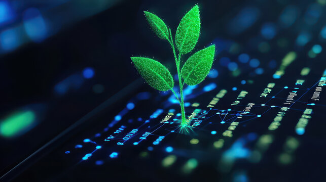 Digital representation of growing plant symbolizing internet growth and technology innovation, showcasing vibrant green leaves against dark