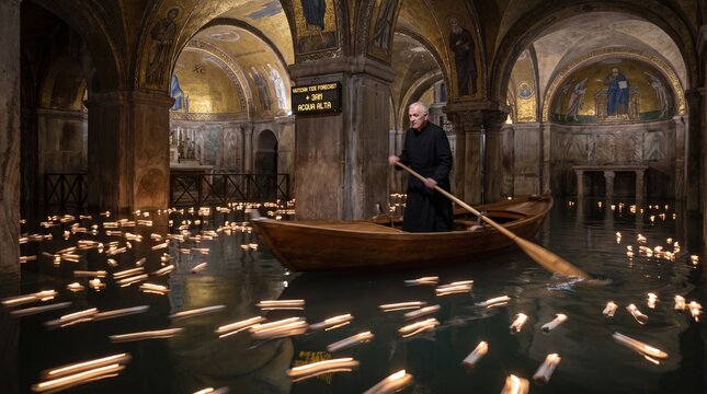 Surreal conceptual image of an elderly priest rowing a wooden boat through a flooded basilica crypt with floating candles golden mosaics and a digital Vatican tide forecast sign showing acqua alta