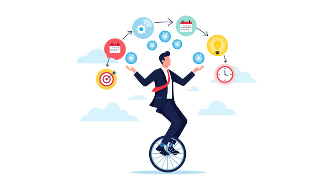 Business professional balancing multiple tasks with calendar goal clock and creative idea symbols