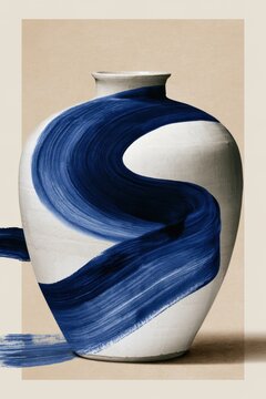 Ceramic vase indigo brush stroke abstract study for minimalist interior art and poster layout, for design, card, poster, background