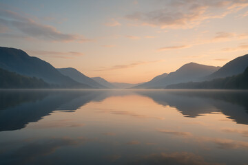Fototapeta premium Still mountain lake reflecting soft pink clouds at dawn