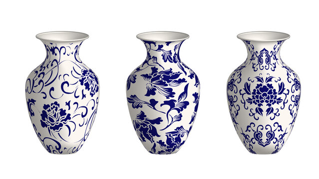 Traditional Chinese blue and white porcelain vases, set of three ceramic jars with floral patterns, elegant oriental pottery on white background