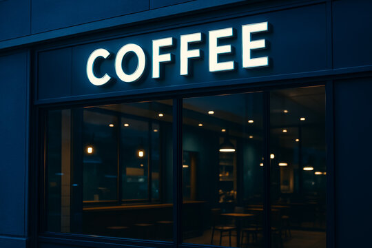 Bright coffee lettering above a wide dark cafe storefront