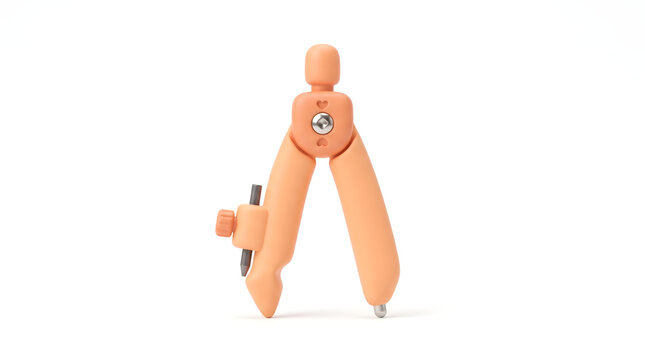 3D render of a cute miniature peach and yellow geometry compass drafting tool, isolated on white background