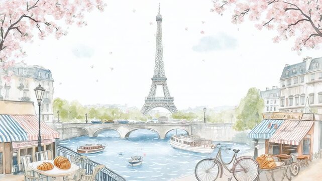 Parisian street scene during spring with Eiffel Tower and blooming cherry trees in soft light