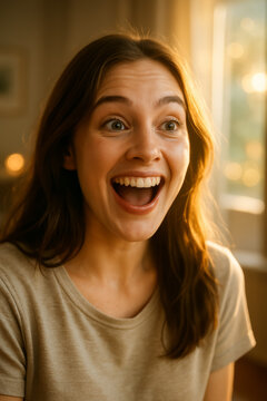 Young woman expressing delight with wide eyes and open smile