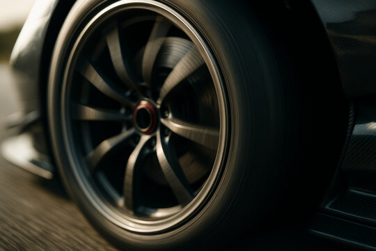 Black alloy car wheel and tire in a close view