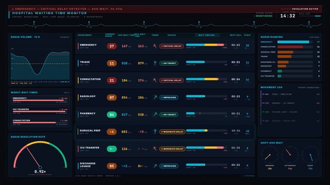 Hospital waiting time dashboard showcasing queues, delays, and patient movement trends with dark mode, animated ECG, and vibrant color scheme for healthcare analytics.