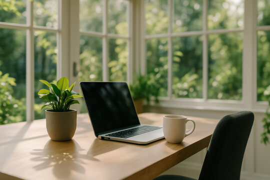 Laptop workspace beside expansive windows overlooking a green garden