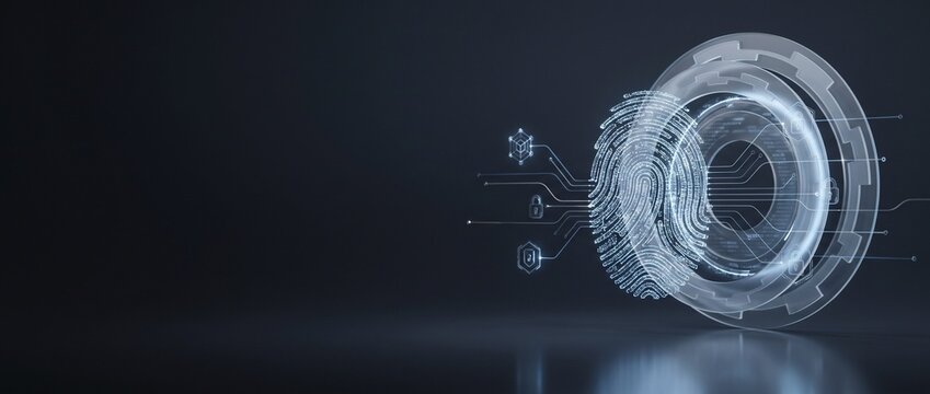 Biometric Identity and Access Management concept. Glowing digital fingerprint and security icons. Wide header banner for Cybersecurity Awareness Month with huge copy space
