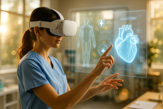 Woman exploring heart anatomy with a virtual reality headset