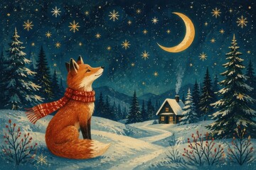Fototapeta premium Fox beneath crescent moon in a snowy winter forest