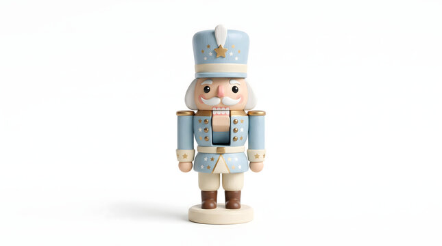 3D render of a cute miniature wooden nutcracker soldier toy, isolated on white background