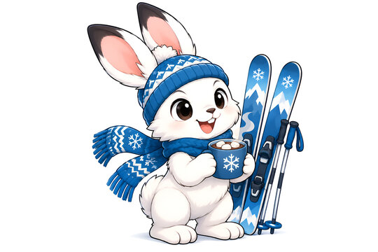 Cute baby arctic hare in knit scarf and beanie holding a warm mug, cozy winter lifestyle mascot with skis, 2D vector illustration on white background