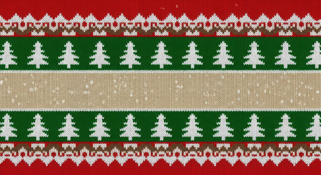 Rustic Christmas tree border pattern, festive red and green holiday textile design, winter fair isle fabric background with snow