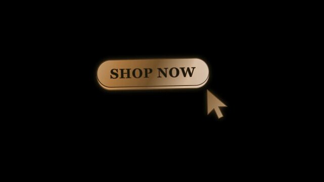 Shop Now button click gold foil animation on black background loop