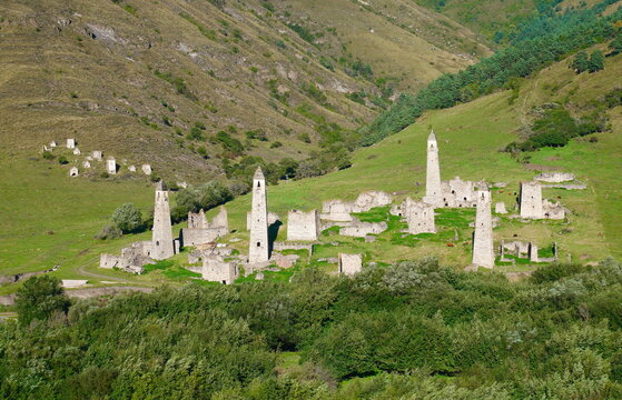 The Republic of Ingushetia is in Russia. A mountainous country in the Caucasus. Towers in the Republic of Ingushetia.