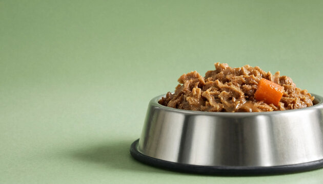 A stainless steel pet bowl holds shredded wet dog food with visible carrot pieces on a green background, illustrating pet feeding and nutrition.