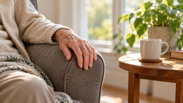 Older adult seated at home with hand resting on an armchair beside a mug. Independent senior living at home. Aging in place, autonomy and everyday wellbeing. Domestic comfort and care.