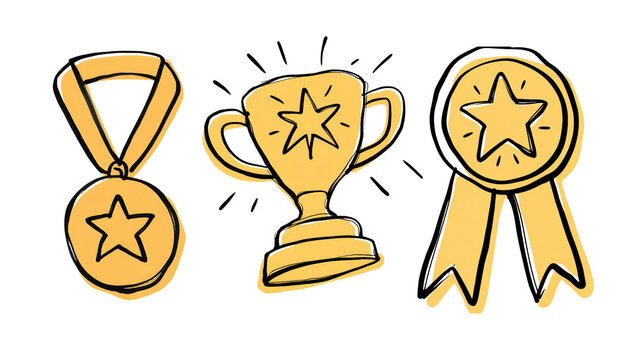 Golden hand-drawn award icons, set of 3 sketch style trophy medal and ribbon symbols, yellow achievement graphics for business and sports success