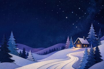 Fototapeta premium Cozy cabin beneath a starry winter sky in snowy forest